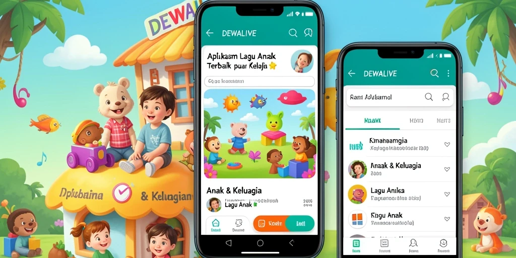 Antarmuka aplikasi DEWALIVE dengan lagu anak yang ceria.