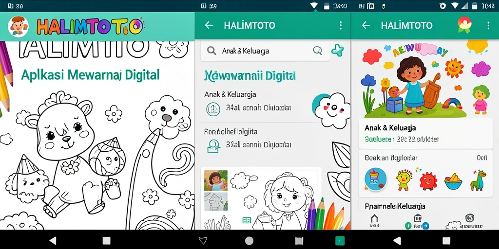Screenshot aplikasi HALIMTOTO menampilkan antarmuka Mewarnai Digital yang ceria.